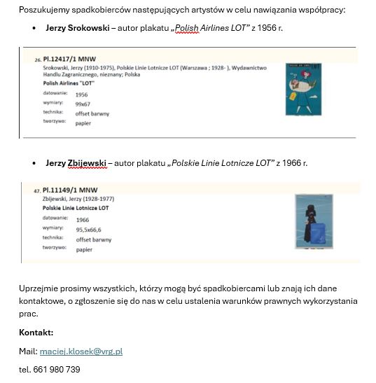Poszukujemy spadkobierców Jerzego Srokowskiego i Jerzego Zbijewskiego autorów plakatów LOT